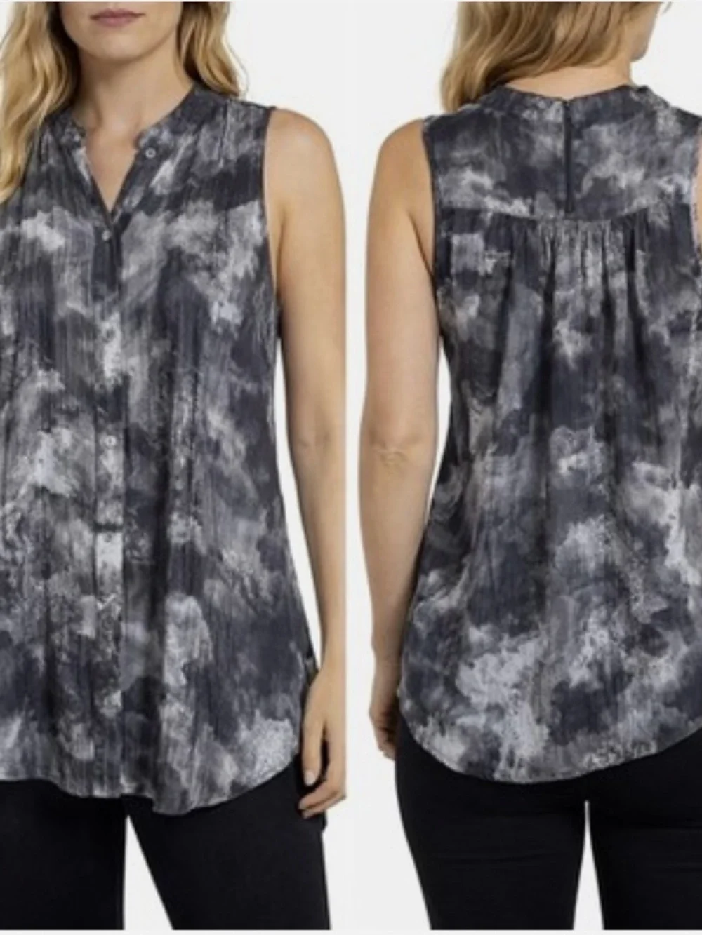 Eileen Fisher 100% Silk Ink Blot Print Tunic Top Sz XS Mandarin Collar Runs Big